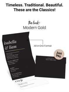 the wedding stationery is designed to look like it has been folded in black and gold