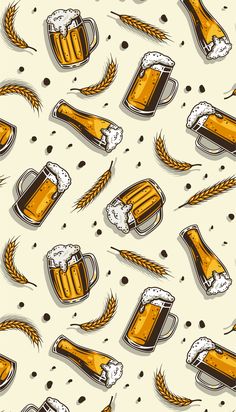 seamless pattern with beer mugs and wheat