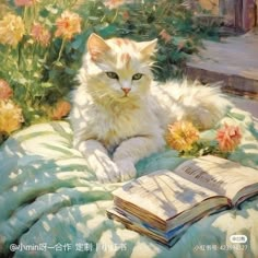 a painting of a cat laying on a blanket with an open book in front of it