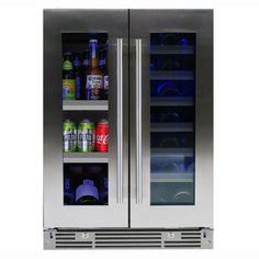 two stainless steel refrigerators with glass doors and shelves full of drinks, beverages and soft drinks