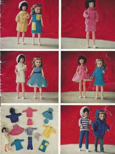 four pictures of dolls in different outfits and clothes