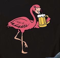 a flamingo holding a beer mug in its beak