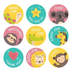 some animals are in different colors and designs on the sticker sheet, which says thank you did it