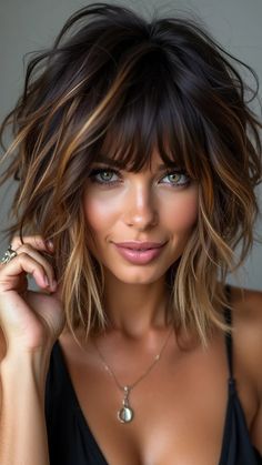 Bold Modern Shag Cut Women Chin Length Hair, Shoulder Length Hair For Brunettes, Kirstie Alley Hair, Wendy Moniz Hair, Medium Styles For Fine Hair, Womens Shaggy Haircut, Hairstyles Shag Over 50, Shoulder Length Hair With Volume, Medium Length Haircut And Color Ideas