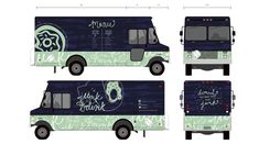 four different views of the food truck with its wrapper cut out and ready to be printed