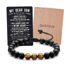 PRICES MAY VARY. 【Cool Bracelet+Black Wallet Card】This Natural Crystal Bracelet is made of powerful Tiger's Eye and Black Agate. It brings your son strength, courage, good luck and prosperity. A metal wallet card with cool black color and message especially for your son. It works amazing as gifts for son, son gifts from mom, teen boys gift ideas and teenage boys birthday gift. 【Solid Craftsmanship】Every natural bead is high quality genuine gemstone and has been carefully selected manually one by Homemade Bracelets With Beads For Boys, Cheap Beaded Bracelets For Men As Gift, Crystal Bracelets For Boys, Masculine Bracelets For Father's Day, Teen Jewelry Trends, Spiritual Obsidian Crystal Bracelet As A Gift, Teenager Birthday Gifts, Gifts For Teenagers, Eye Agate