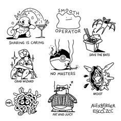 an image of cartoon characters that are in black and white, with the caption's above them