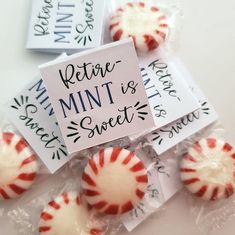 candy candies wrapped in cellophane and labeled with the words return mint is sweet