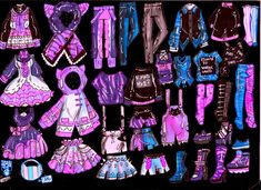 a bunch of clothes that are on a black surface with purple and blue colors in the background