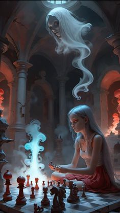 a woman sitting on top of a chess board next to a giant white ghost in the background