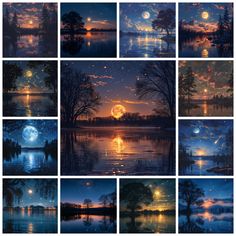 the night sky is full of stars and moon in different stages of flight over water