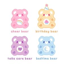 four bears with birthday hats on their heads and the words take care bear, teddy bear, cheer bear, birthday bear