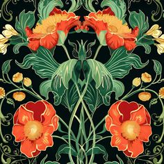 an art nouveau design with red flowers and green leaves