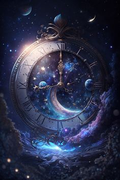 an image of a clock in the sky with stars and planets on it's sides