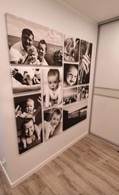 a wall with multiple pictures on it in an empty room next to a white door