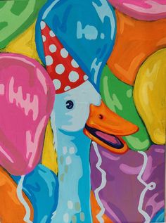 a painting of a duck wearing a party hat with balloons on it's head