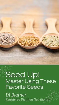 four wooden spoons filled with different types of seeds and the words seed up master using these favorite seeds