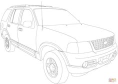 the front view of a suv with wheels and rims, outlined in black and white