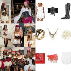 the collage shows different types of costumes and accessories, including boots, belts, bracelets, necklaces