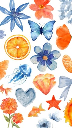 watercolor flowers and butterflies are shown in this image, as well as an orange slice