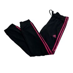 Adidas Black With Pink Stripes Track Pants Pink Adidas Activewear For Spring, Adidas Stretch Pants With Elastic Waistband, Fitted Pink Sweatpants With Elastic Waistband, Adidas Black Pants For Spring, Casual Adidas Pink Pants, Pink Adidas Pants For Loungewear, Black Adidas Activewear For Loungewear, Adidas Fitted Sweatpants, Adidas Casual Pink Pants