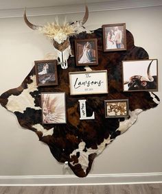 a cow's head with pictures on it is mounted to the wall