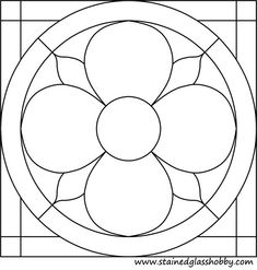 a stained glass window with an abstract flower design in the center and bottom half, on a white background