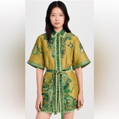 Alemais Solaris Mini Dress - Paisley Seashell Print With Optional Self Tie Belt. Au 6, Us 2 Seashell Print, Linen Midi Dress, Lined Skirt, Viscose Fabric, Women Clothes, Elbow Length Sleeve, China Fashion, Button Placket, Green Yellow