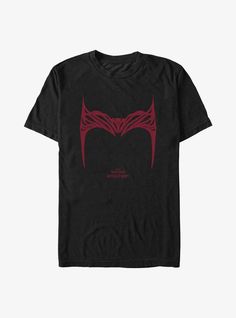 a black t - shirt with red graphic on the chest and an image of a demon's head