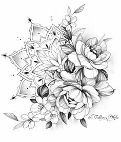 a black and white drawing of flowers