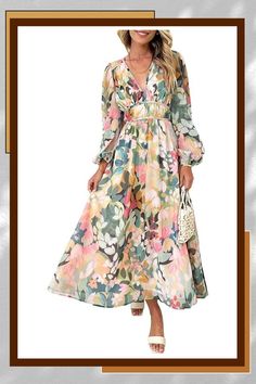 High quality print fabric, 97% polyester，3%Elastane; Multicolor boho print dress, breathable and comfortable, lightweight flowy maxi dress. This fashion boho long sleeve dress is perfect for spring, summer and fall. Feminin Dresses, Elegant Flower Dress, Elegant Floral Dress, Cotton Blends Dress, Types Of Dresses, Asymmetrical Dress, Flower Dresses, Elegant Dress, Elegant Woman