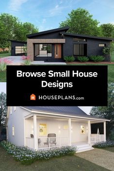 some small houses are shown with the words browse small house designs on it and below them