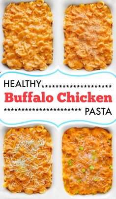 the healthy buffalo chicken pasta recipe is shown in six square pans with different toppings