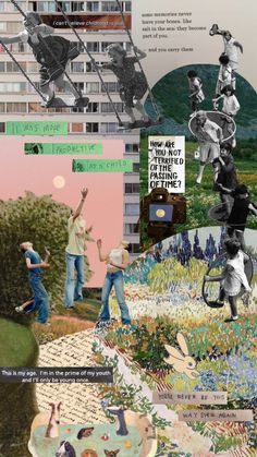 the collage has many different images and words on it, including an image of people playing