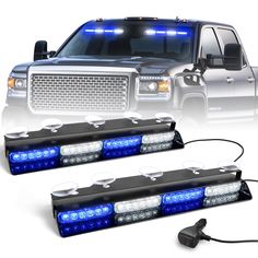 two blue lights on the front and back of a truck with its hood up in the background