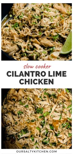 shredded chicken in a skillet with limes and cilantro on the side