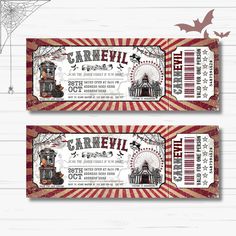 two tickets for the carnival with bats and spider webs on them, one is red and