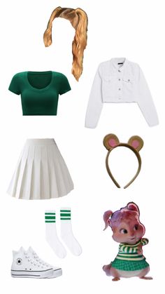 some clothes and accessories are arranged in the shape of an animal ears headband, green shirt