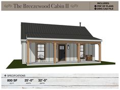 the breewood cabin ii plan is shown with measurements for the front and side porch