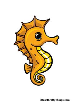 a cartoon seahorse with big eyes and an orange shell on it's back