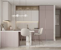 a kitchen with pink cabinets and white chairs