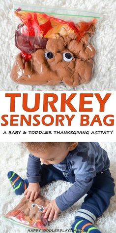 a baby is playing with a stuffed animal in a bag and the text turkey sensory bag