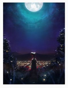 a painting of a person standing in front of a full moon with the city lights behind them