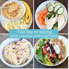 four pictures with different foods in them and the words full day of eating below it