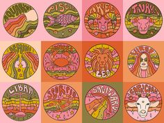 twelve zodiac signs in different colors and designs on a pink, green, yellow, orange background