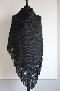 Black Poncho With Scarf, One Size, Black Poncho With Scarf One Size, Black Poncho With Scarf For Winter, Black Winter Poncho With Scarf, Winter Black Poncho With Scarf Detail, Winter Black Poncho With Scarf, Black Knitted Poncho One Size, Black Knitted One-size Poncho, Black Shawl Wrap For Winter