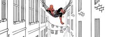 a drawing of a spider man hanging from the side of a building