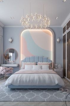 a bedroom with a large bed and chandelier hanging from it's ceiling