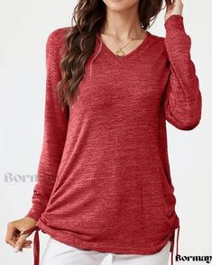 Bormay - Premium Quality Long Sleeve V-Neck T-Shirt with Elegant Pleating and Comfortable Relaxed Fit Tunic Tops Casual, Women Long Sleeve Tops, Loose Tops, Tunic Length, V Neck Tops, Shirt Top, Favorite Jeans, T Shirt Top, Women Long Sleeve