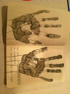 two drawings of hands and bones on paper